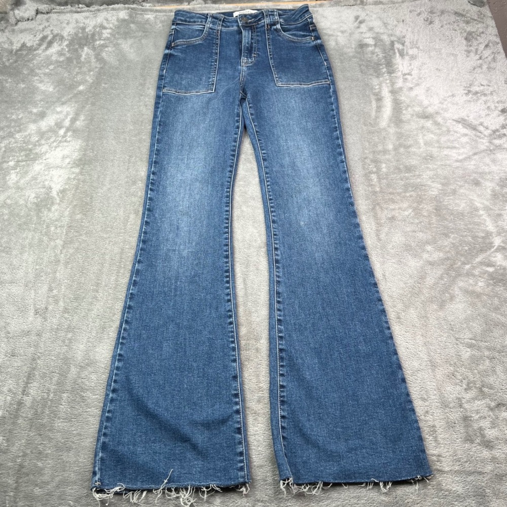 Hidden Jeans Flare Jeans Womens 25 Blue Solid Stretch Raw Hem Patch Pockets - Picture 1 of 14